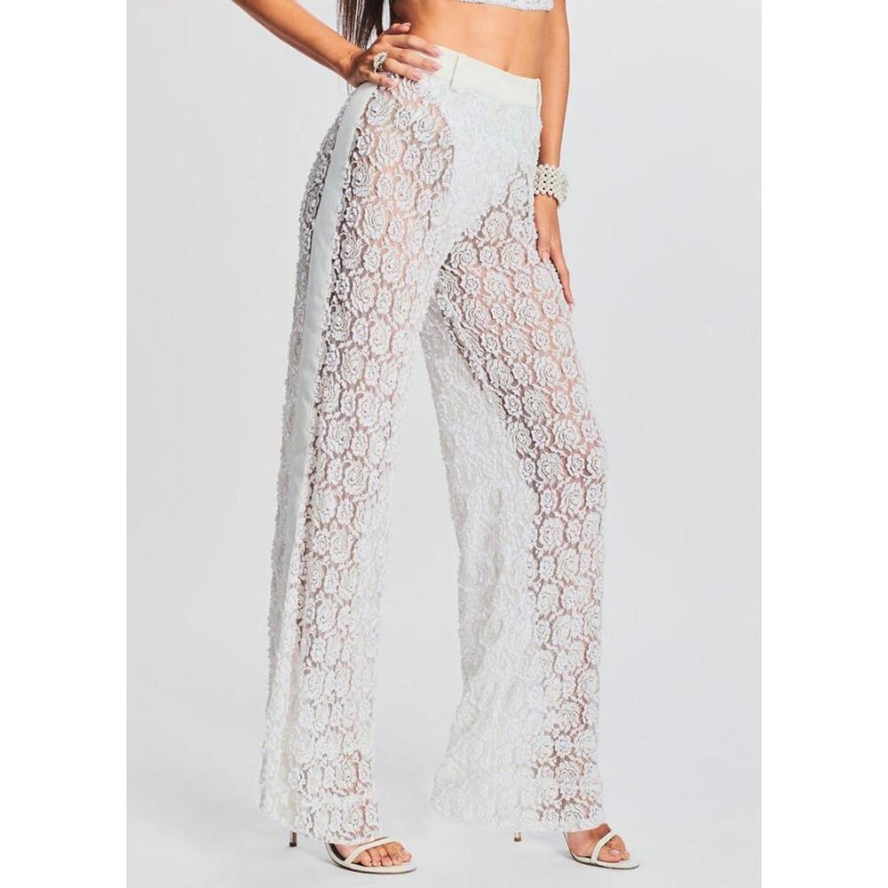 Retrofete White Floral Lace Wide-Leg Pants